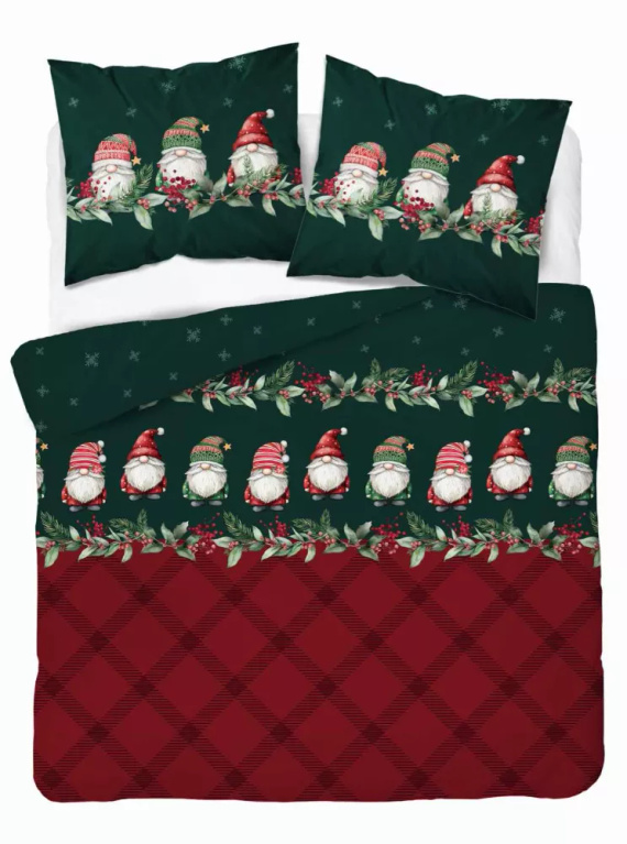 5618 A Magia Świąt Detexpol Pościel świąteczna flanelowa w skrzaty na bordowo-zielonym tle– bawełna 100%, certyfikat OEKO-TEX®