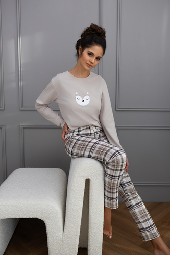 Sensis Tinsley – damska piżama bawełniana z nadrukiem i spodniami w kratkę