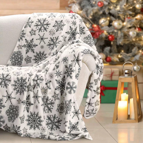 Narzuta świąteczna Eurofiranybiały biały granatowy śnieżynki – miękki koc z mikrofibry, ciepły i lekki