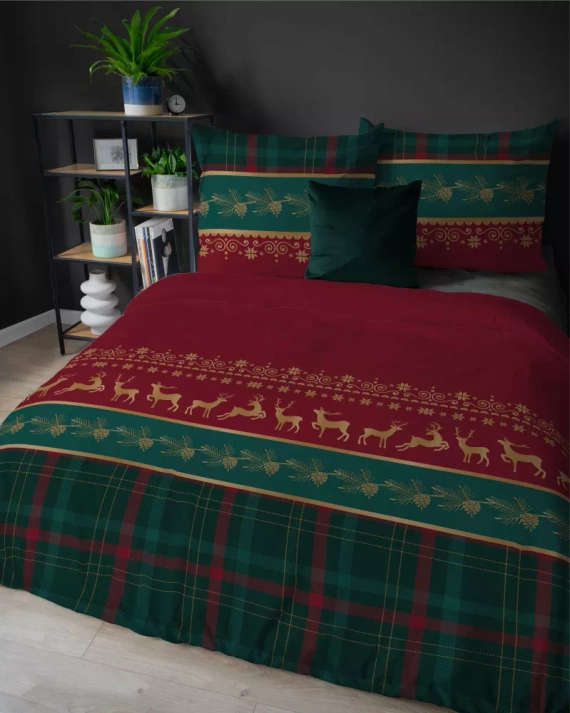 5620 B Magia Świąt Detexpol Pościel świąteczna flanelowa czerwona z reniferami i kratą– bawełna 100%, certyfikat OEKO-TEX®