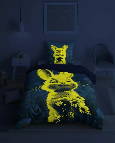 Pościel świecąca w ciemności 140x200 króliczek w kwiatach 5548 A Fluo 95 + poszewka 70x90 | 100% bawełna | Dla dzieci