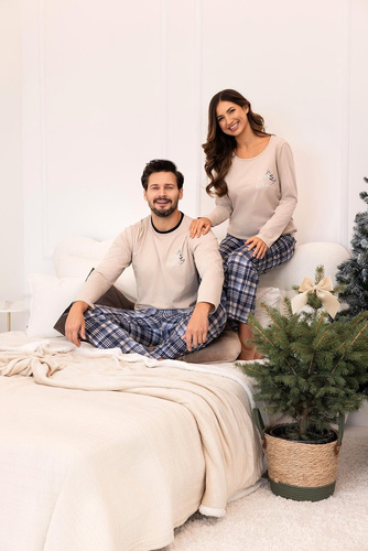 Regina 743 – damska piżama bawełniana z nadrukiem i spodniami w kratę