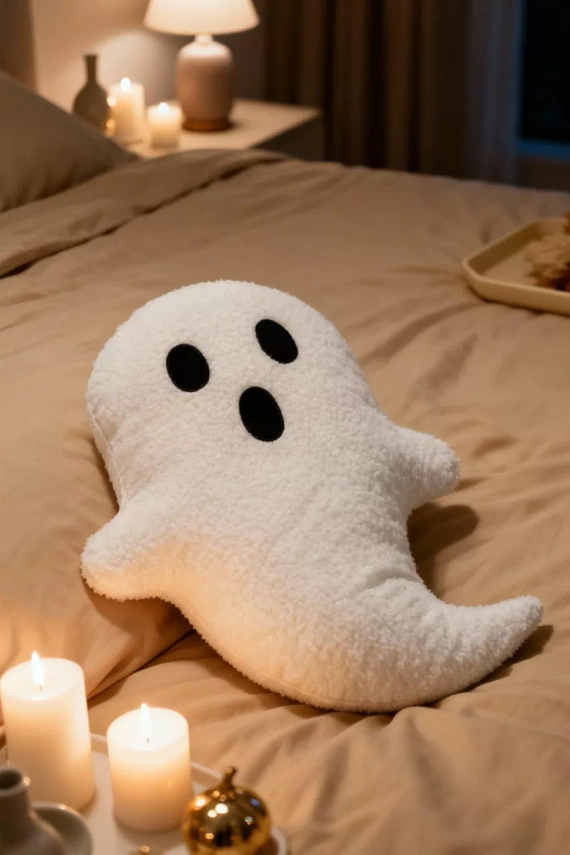 Spod Igły i Nitki poduszka Duch boucle 28x40 – biała, miękka, ozdoba jesienna i halloweenowa