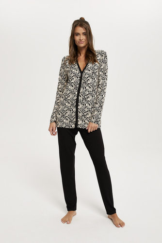Piżama Damska długi rękaw, długie spodnie Abisynia Italian Fashion - czarny/druk