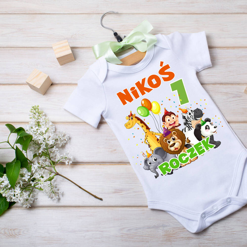 Body krótki rękaw na roczek "Roczek urodziny z imieniem Safari" Moocha biały