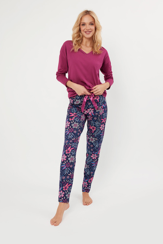 Piżama Damska długi rękaw, długie spodnie Folk Italian Fashion - jeżyna/druk