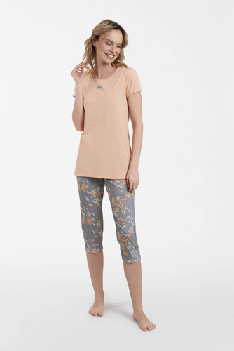 Piżama Damska krótki rękaw, 3/4 spodnie Kasali Italian Fashion - łosoś/druk 