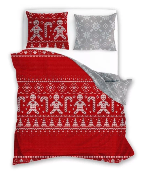 Scandic 065 Scandic Faro czerwona szara pierniki śnieżynki  – pościel świąteczna dwustronna, bawełna 100%, komplet 