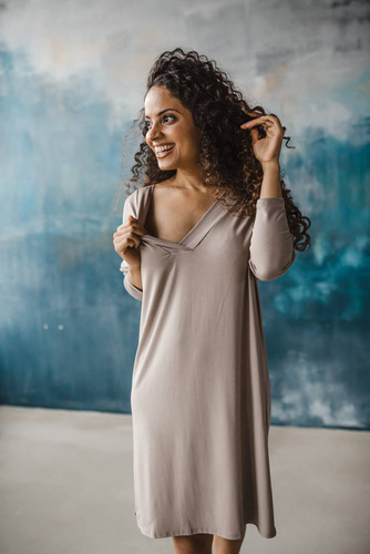 Bambusowa koszula nocna ciążowa i do karmienia długi rękaw Moon Milk&Love beżowy 