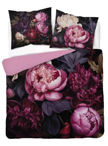 Detexpol Holland 5129 A pościel bawełniana czarna w piwonie w odcieniach bordo i różu– dwustronna, naturalna, 100% bawełna