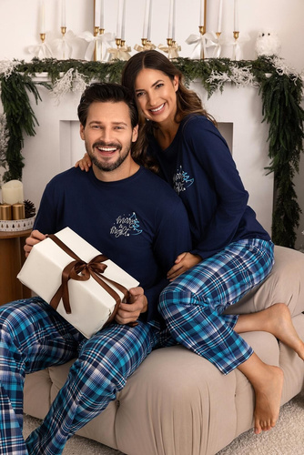 Regina 507 beżowa – bawełniana piżama męska z nadrukiem i spodniami w kratę