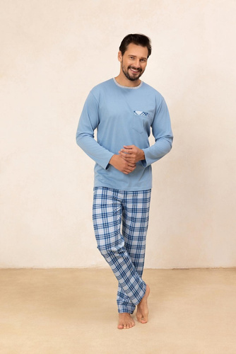 Piżama męska Regina 488 niebieska– bawełna, długi rękaw, wygodna i praktyczna