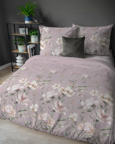 5636 B Detexpol Pastel Flowers liliowa w kwiaty pudrowo-różowe pościel flanelowa bawełniana, miękka i przytulna
