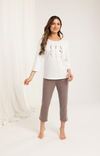 Regina 703 piżama bawełniana ecru – damska, roślinny nadruk, spodnie 7/8