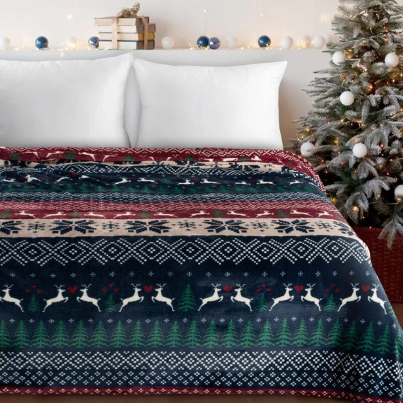 Narzuta świąteczna Eurofirany granatowy czerwony ze skandynawskim wzorem – miękki koc z mikrofibry, ciepły i lekki