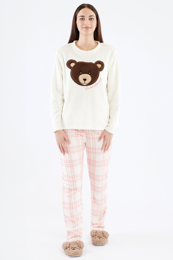 Madlen Sorbetto ecru – ciepła piżama polarowa z haftem i spodniami w kratkę