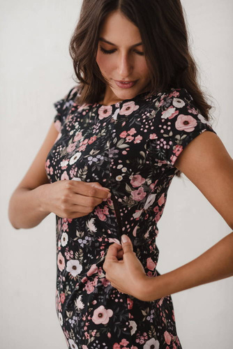 Milky dress sukienka do karmienia krótki rękaw Milk&Love kwiaty na czarnym