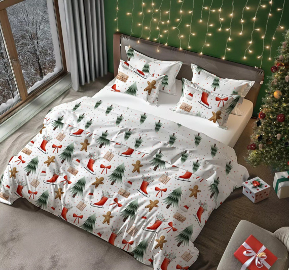 Scandic 078 Scandic Faro biała z choinkami, pierniczkami – pościel świąteczna dwustronna, bawełna 100%, komplet