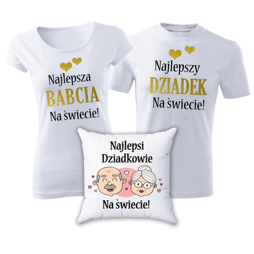 ZESTAW dla BABCI I DZIADKA "Najlepsi Dziadkowie na świecie" - koszulki + poduszka Moocha 