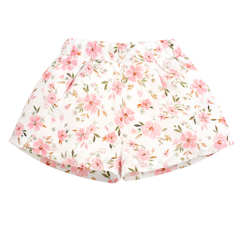 Muślinowe krótkie spodenki dla dziewczynki Flowers Pinokio ecru - lekkie letnie spodenki z bawełny