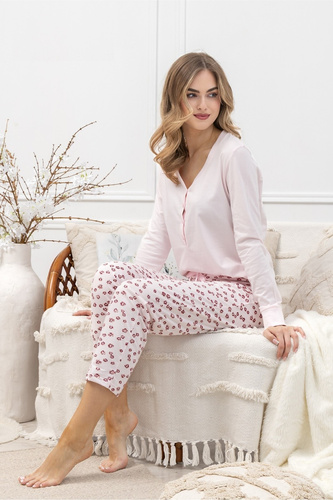 Laveza 1623 Grażyna – bawełniana piżama damska, jasnoróżowa, długi rękaw