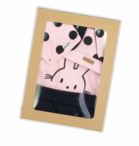 Komplet czapka, apaszka, body i spodnie 163381 "Bunny Groszki" Nicol - róż