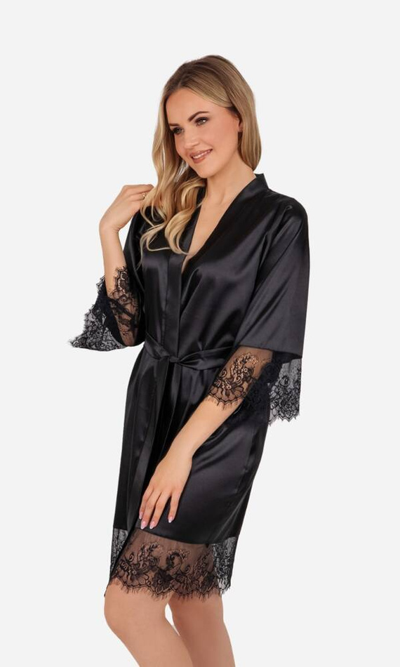 Szlafrok damski z koronką Gloria ByShelly - czarny