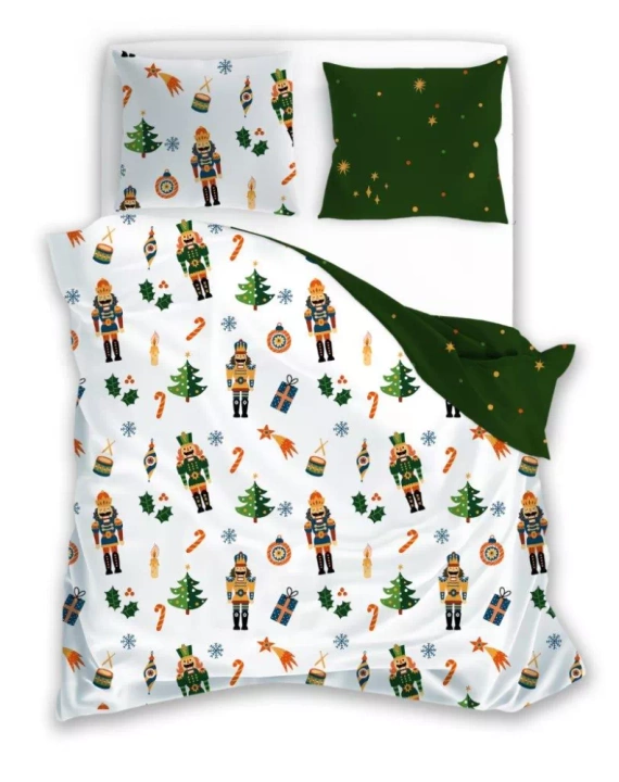 Holly Jolly 002 Faro Pościel świąteczna biała zielona dziadek do orzechów– miękka satynowa mikrofibra, komplet z poszewkami