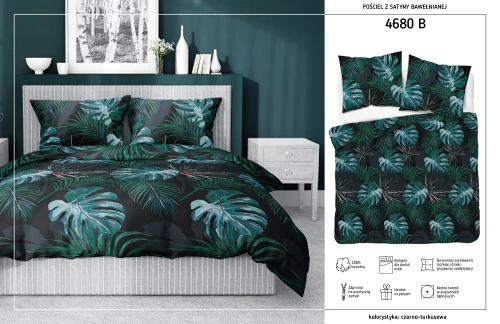 Pościel satynowa 4680 B Home Satin liście Detexpol czarny