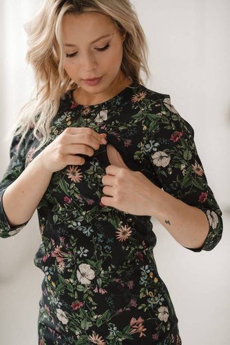 Sukienka do karmienia Milky Classic Milk&Love rękaw 3/4 czarna w kwiaty