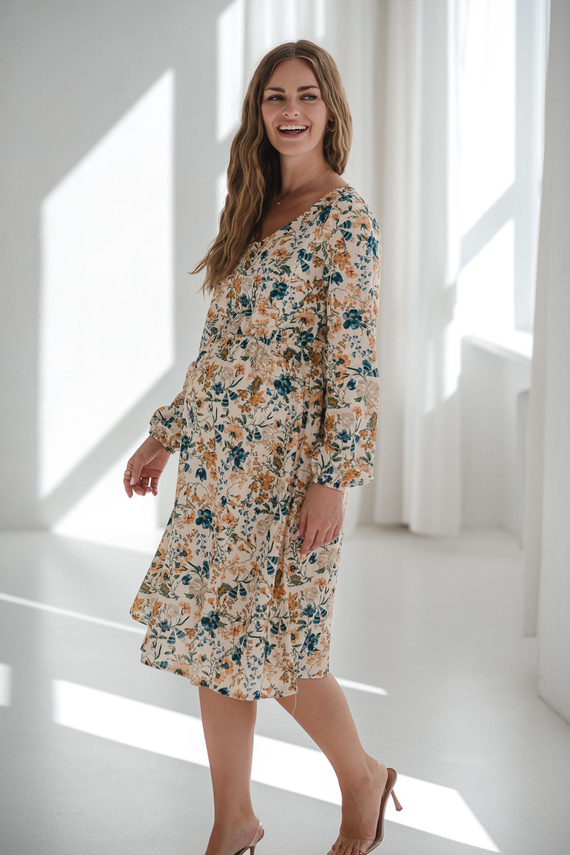 Sukienka ciążowa i do karmienia Lovely Dress Midi Milk&Love beżowa w kwiaty– naturalna tkanina z lnem, elegancka midi z zamkami do karmienia