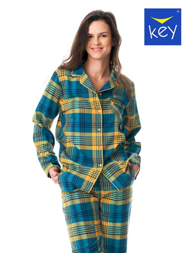 Rozpinana Piżama Damska LNS 407 Key - zielony/kratka