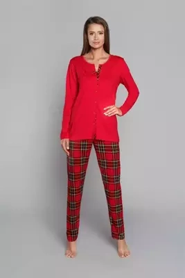 Piżama Damska długi rękaw, spodnie Zorza Italian Fashion - czerwony/druk