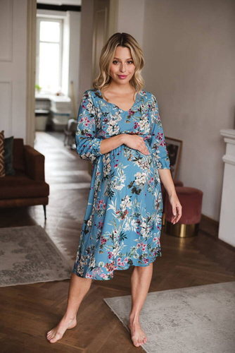 Sukienka ciążowa i do karmienia Lovely Dress Midi rękaw 3/4 Milk&Love błękitna w kwiaty