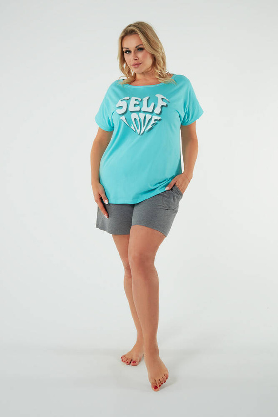 Piżama Damska krótki rękaw, spodenki Selfie Italian Fashion - turkus/melanż