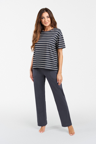 Piżama Damska krótki rękaw, długie spodnie Betty Italian Fashion - druk grafitowy/grafitowy