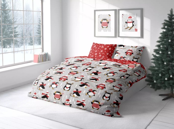 Scandic 076 Scandic Faro szaro-czerwona z pingwinami – pościel świąteczna dwustronna, bawełna 100%, komplet