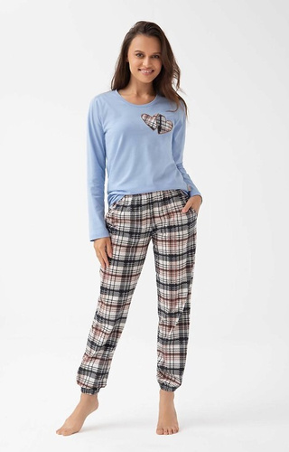 Luna 322 niebieska  – bawełniana piżama damska, serduszka i spodnie w kratkę