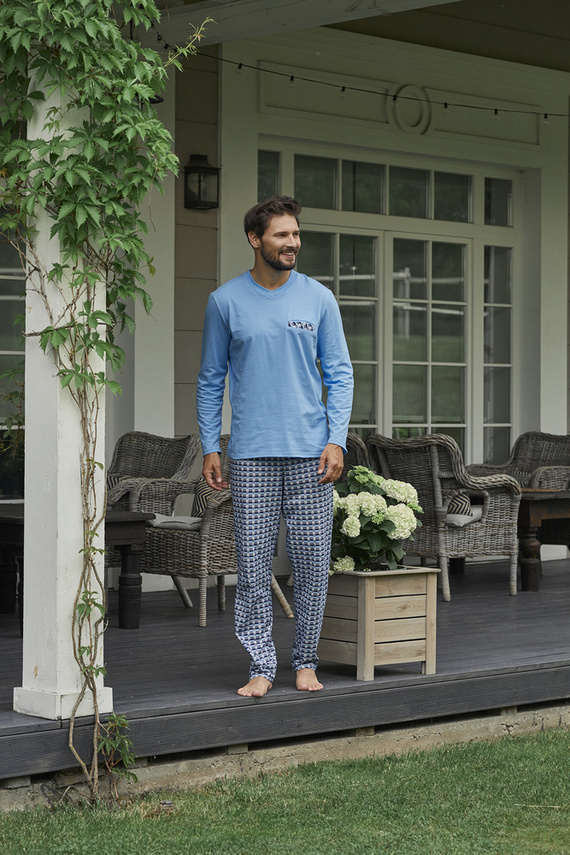 Piżama Męska długi rękaw, długie spodnie Jaromir Italian Fashion - niebieski/druk