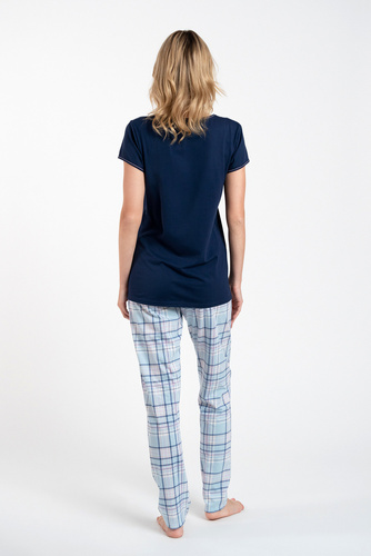 Piżama Damska krótki rękaw, długie spodnie Glamour Italian Fashion - granatowy/druk