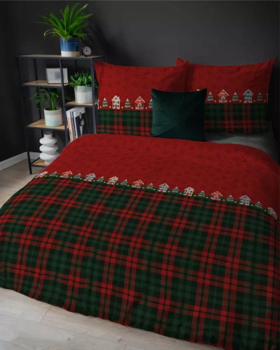 5619 A Magia Świąt Detexpol Pościel świąteczna flanelowa czerwona w domki i kratę– bawełna 100%, certyfikat OEKO-TEX®