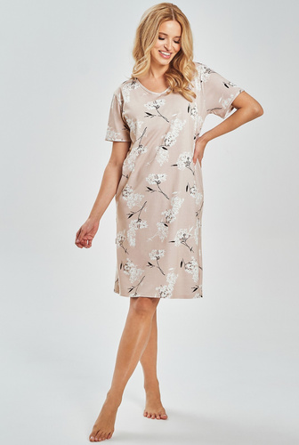 Bawełniana koszula nocna damska Fiora Taro 3538 – roślinny print, do kolan | Naturalny komfort na lato