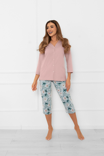 Damska piżama Sekwoja – komplet bawełniany, rozpinana bluzka i spodnie 3/4 Italian Fashion