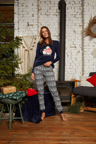 Piżama Damska długi rękaw, długie spodnie Arktyka Italian Fashion - granat/druk