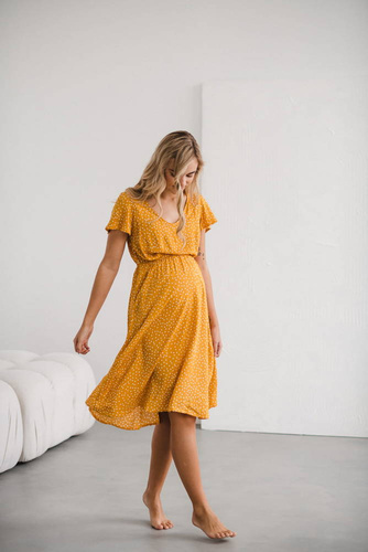 Sukienka ciążowa i do karmienia Lovely Dress Midi Milk&Love musztardowy w groszki