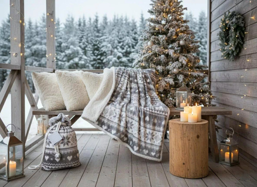 SACO Koc świąteczny 150x200 – szary, ciepły, miękki, z norweskim wzorem śnieżynek, w ozdobnym worku