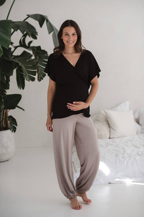 Bambusowa bluzka od piżamy ciążowej do karmienia krótki rękaw Moon Milk&Love czarny