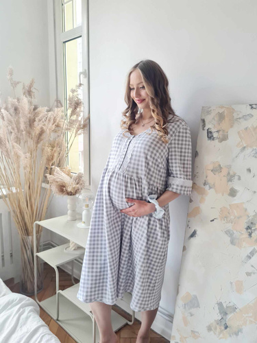 Koszula nocna ciążowa 34LI Lidia w kratkę – do karmienia, 100% bawełna
