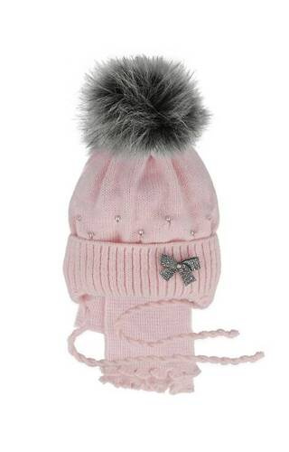 Komplet czapka+szalik 48-302 AJS pudrowy-różowy