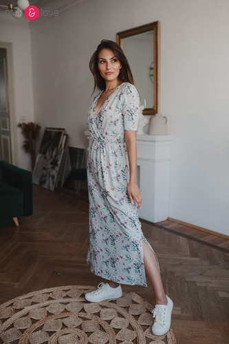 Two Ways LONG Sukienka do karmienia ciążowa krótki rękaw Milk&Love miętowa w magnolie i ptaki